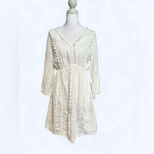 SOLD Luisa Ricci Cream Boho Floral Trim V-Neck Tunic Dress